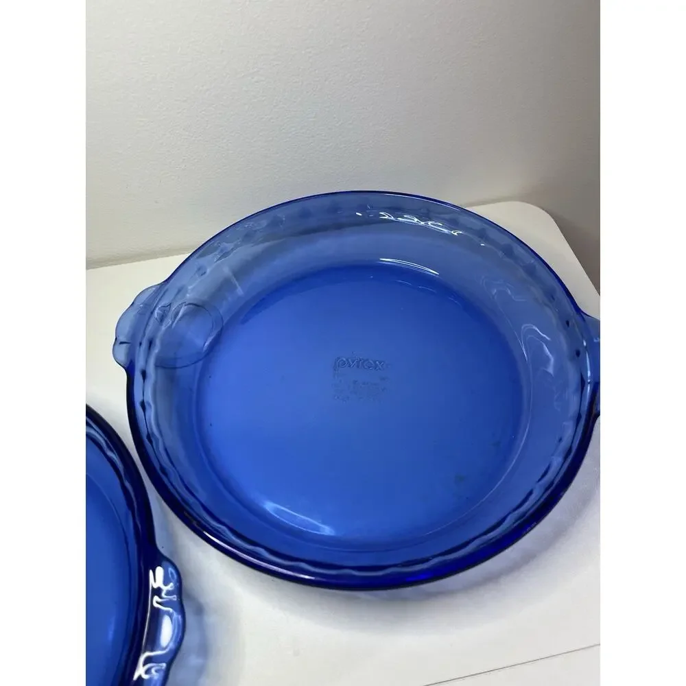 Set Of 2 Vintage Pyrex Deep Dish Crimped Pie Plates In Cobalt Blue #229 9.5”